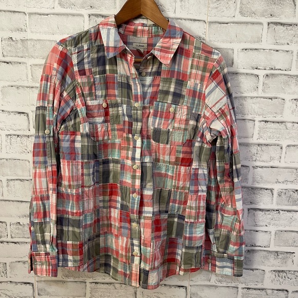 Women’s L.L. Bean blue, white, green & pink plaid button down shirt Medium - Picture 1 of 4